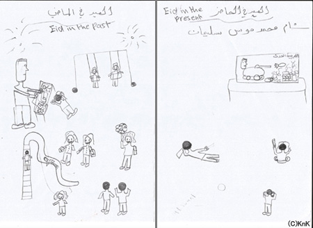左：シリアにて、公園で友だちと楽しく過ごす  右：ヨルダンで、母国の紛争のニュースをTVで観て過ごす
