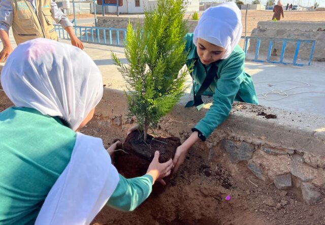 学校の環境美化活動に取り組む生徒